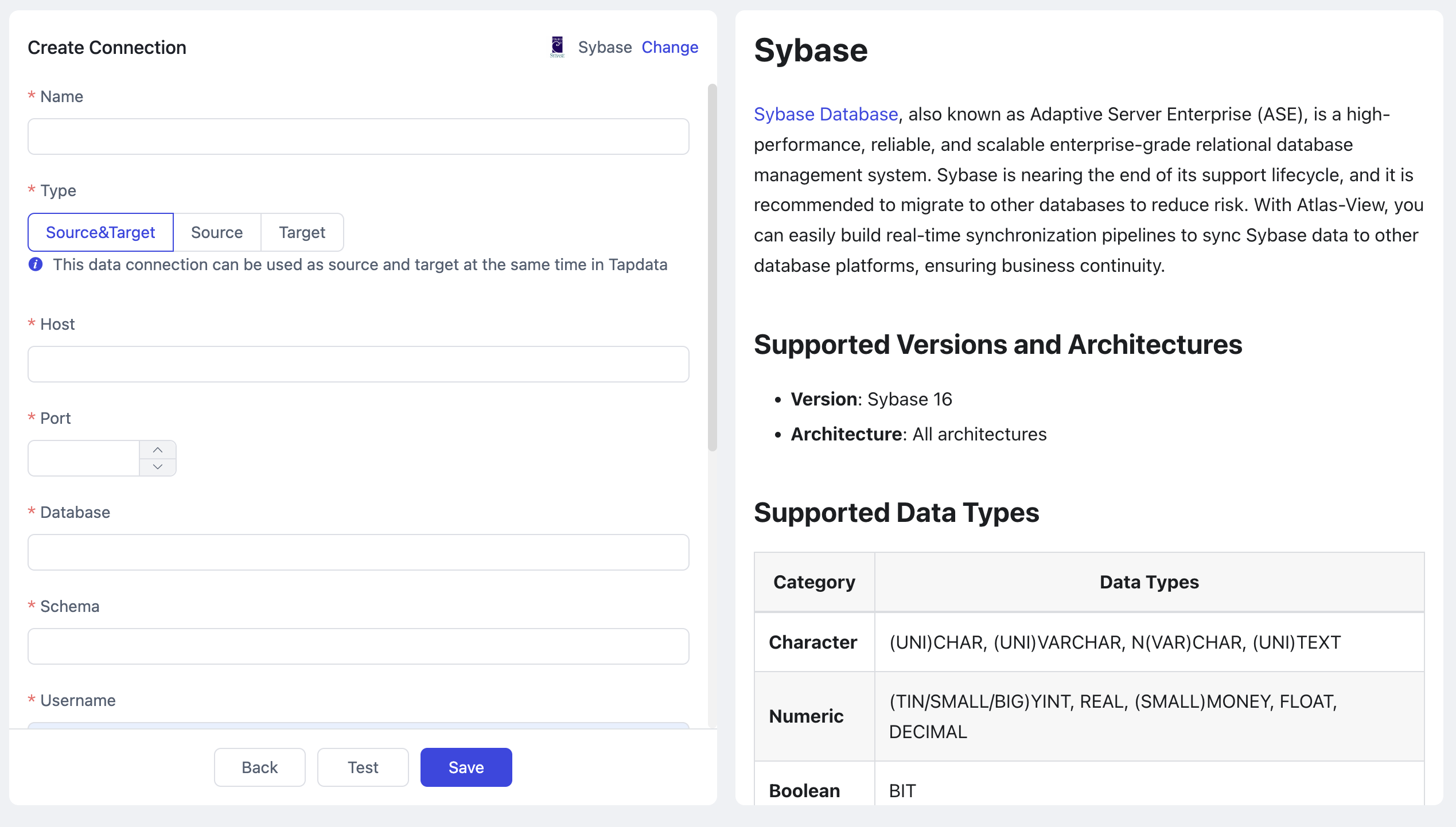 Sybase Connection Settings