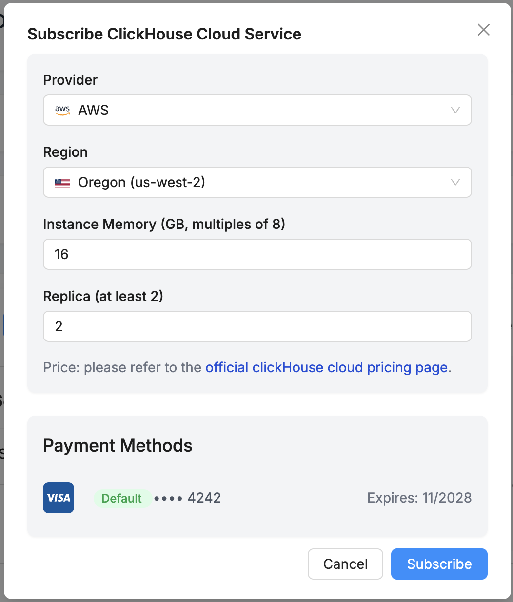 ClickHouse connection configuration screen